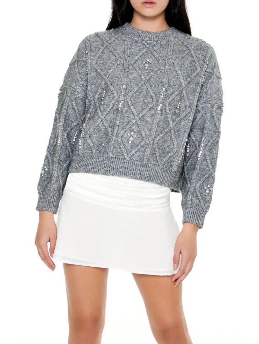 NWT Forever 21 Marled Faux Gem Sweater S Rhinestone Grey Embellished Sparkle